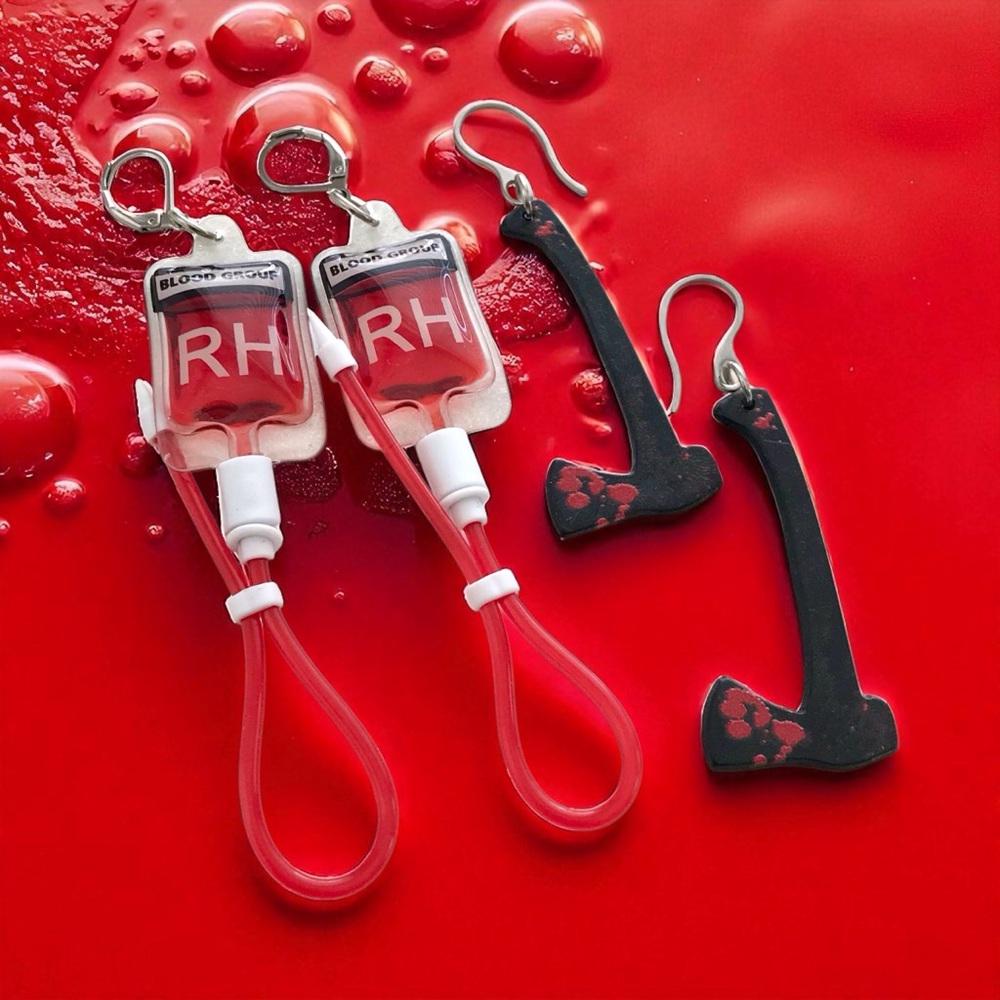 🆕 Blood Bag Type RH and Bloody Hatchet Earrings